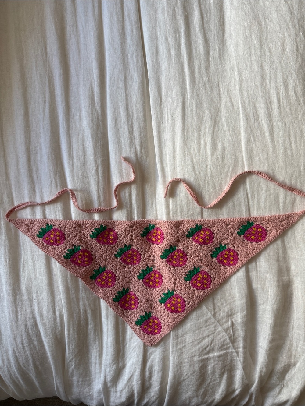 Crochet Strawberry Headscarf / Bandana β Pink Cottagecore Hair Scarf Farmers Mkt